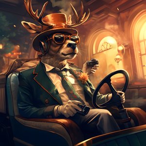 Ein Hirsch mit einer Zigarre im Mund fährt ein Cabriolet