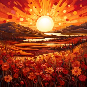 Abstrakte Landschaftskunst mit einem Feld von Wildblumen und einer kräftigen roten Sonne 2
