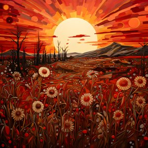 Abstrakte Landschaftskunst mit einem Feld von Wildblumen und einer kräftigen roten Sonne 3 von Kurt Heppke