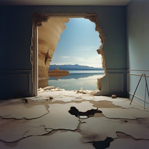 Ein Bild eines ungenutzten Raums mit einem riesigen See und einer Wüste in einem großen Loch, Futurecore, hoher Kontrast, Chiaroscuro, warme Töne 2