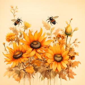 Aquarell Sonnenblumen und Bienen Silhouetten