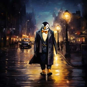 Ein Pinguin im Anzug läuft die Straße entlang