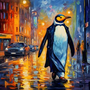 Ein Pinguin im Anzug läuft die Straße entlang