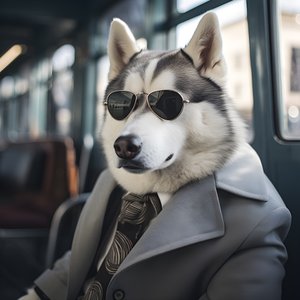 Ein Siberian Husky Hund im Anzug und mit Sonnenbrille am Busbahnhof, wie ein Gentleman