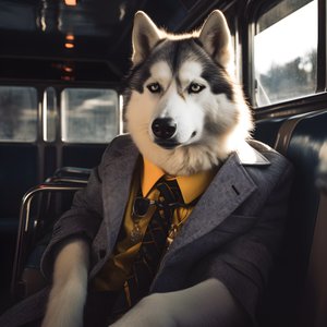 Ein Siberian Husky Hund im Anzug und mit Sonnenbrille am Busbahnhof, wie ein Gentleman