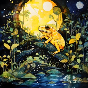 Gelber Frosch im Wald, Mond, Fluss