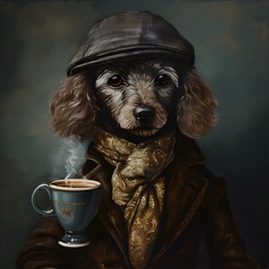 Ein kultivierter Pudel trinkt eine Tasse Tee, trägt einen Rollkragen und eine flache Mütze, rauchiger Hintergrund 1