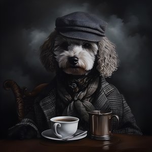 Ein kultivierter Pudel trinkt eine Tasse Tee, trägt einen Rollkragen und eine flache Mütze, rauchiger Hintergrund 2