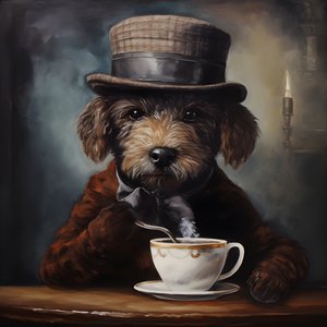 Ein kultivierter Pudel trinkt eine Tasse Tee, trägt einen Rollkragen und eine flache Mütze, rauchiger Hintergrund 4