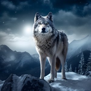 Ein majestätischer grauer Wolf steht auf einem schneebedeckten Berggipfel 1