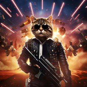 Filmplakat einer Katze, die ein schwarz-weiß gepunktetes Hemd und eine glänzende Sonnenbrille trägt, mit Explosionen und Kanonen im Hintergrund