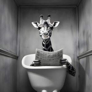 Glückliche Giraffe sitzt auf Toilette mit Zeitung 1