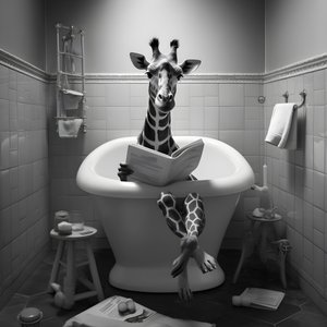 Glückliche Giraffe sitzt auf Toilette mit Zeitung 2