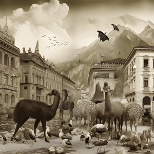 Innsbruck in einer alten Fotografie mit eleganten Zebras, Möwen, Affen und Tonfiguren. 3