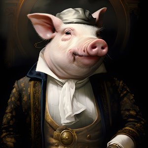 Kalter und herrschsüchtiger anthropomorpher Schweineplantagenbesitzer, stechende Augen, fetter molliger Körper, Zigarre in der Hand, exquisiter schicker südländischer weißer Anzug und Weste, Taschenuhr an einer Kette, Monokel, weißer Filzhut, Nahaufnahme 3