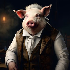 Kalter und herrschsüchtiger anthropomorpher Schweineplantagenbesitzer, stechende Augen, fetter molliger Körper, Zigarre in der Hand, exquisiter schicker südländischer weißer Anzug und Weste, Taschenuhr an einer Kette, Monokel, weißer Filzhut, Nahaufnahme 4