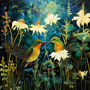 Kolibris und ein Frosch im Wald von Kurt Heppke