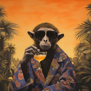 Nahaufnahme eines coolen Affen in einem japanischen Kimono, mit Sonnenbrille, in einer tropischen Landschaft