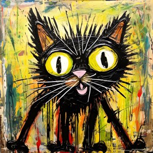 Neoexpressionismus einer Cartoon-Katze, die neugierig nach oben schaut