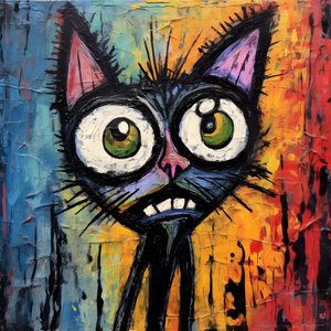 Neoexpressionismus einer Cartoon-Katze, die neugierig nach oben schaut