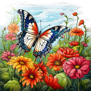 Schmetterling auf einer Wiese mit einem Spalier aus Blumen 3
