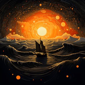 Sonnenuntergang, orange-gelbe Sonne, Wolken, fünf rotierende Kreise von Wolken in einem großen Himmel, punktförmige Wellen und orange-gelbe Sonnenuntergangswolken, die sich auf den Wellen spiegeln, ein Boot fährt aufs Meer hinaus 3 von Kurt Heppke