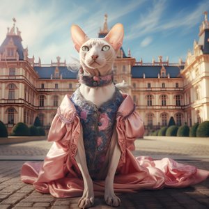 Sphynx-Katze im Ballkleid vor dem Hintergrund eines prächtigen Palastes im mittelalterlichen Stil