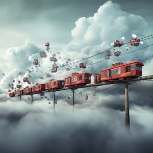 Ein schnell fahrender Social-Media-Zug, der durch die Wolken fliegt und an einem Faden hängt 4