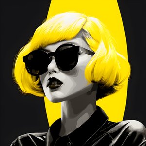Eine Illustration eines Mädchens mit gelber Sonnenbrille, Haaren im Gesicht und Ohren, im Stil der Film-Noir-Ästhetik 1