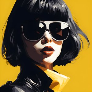 Eine Illustration eines Mädchens mit gelber Sonnenbrille, Haaren im Gesicht und Ohren, im Stil der Film-Noir-Ästhetik 3