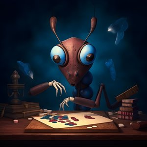 anthropomorphe Wildameise mit Augenbrauen und blauen Augen