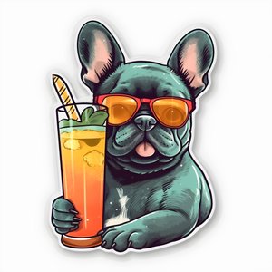 coole französische Bulldoggen, trinken einen Cocktail