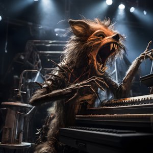 Gruselige, haarige, kaputte Tier-Animatronik, die Musik auf einer Bühne spielt 2