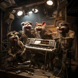 Gruselige, haarige, kaputte Tier-Animatronik, die Musik auf einer Bühne spielt 4