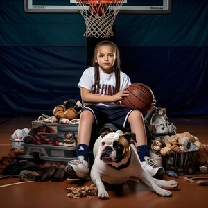 Ein 10-jähriges Mädchen sitzt wartend mit ihrem Hund am Boden und hält einen Ordner mit einem Bild