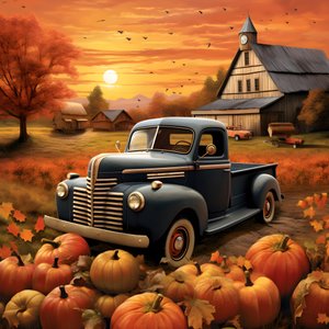 Ein alter Pickup an einem herbstlichen Abend bei Sonnenuntergang