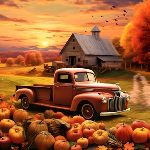 Ein alter Pickup an einem herbstlichen Abend bei Sonnenuntergang