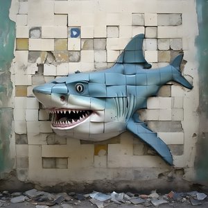 Ein blauer Haifisch mit gemaltem Gesicht auf einer alten Mauer 3 von Kurt Heppke