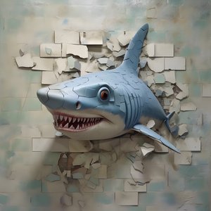 Ein blauer Haifisch mit gemaltem Gesicht auf einer alten Mauer 4