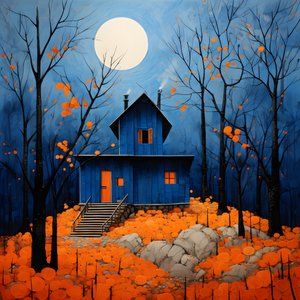 Ein blaues Haus in einem orangefarbenen Wald von Kurt Heppke