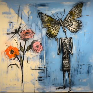Ein originales Aquarell eines Engels, der einen Schmetterling hält
