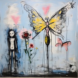Ein originales Aquarell eines Engels, der einen Schmetterling hält