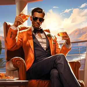 Ein reicher Mann, gut gekleidet, sitzt auf einem privaten Kreuzfahrtschiff und trinkt einen Cocktail 1