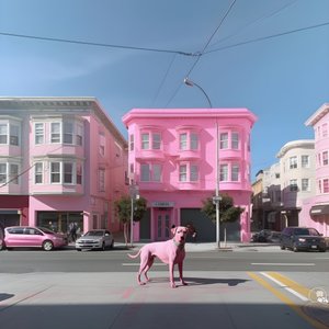 Ein rosa Hund mitten in der Stadt San Francisco