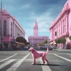 Ein rosa Hund mitten in der Stadt San Francisco