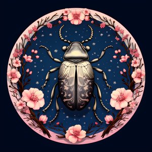 Illustration eines Käfers mit Pilzen im Hintergrund