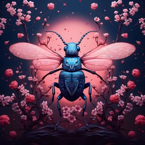 Illustration eines Käfers mit Pilzen im Hintergrund