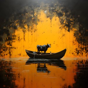 Eine Kuh in einem Boot auf einem See