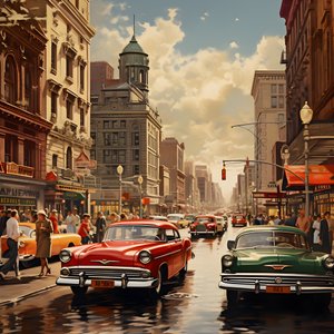 Eine Stadt in den 50er Jahren mit roten Autos