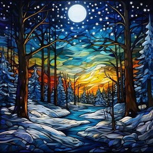 Eine Szene aus dem verschneiten Wald mit Sternen 1